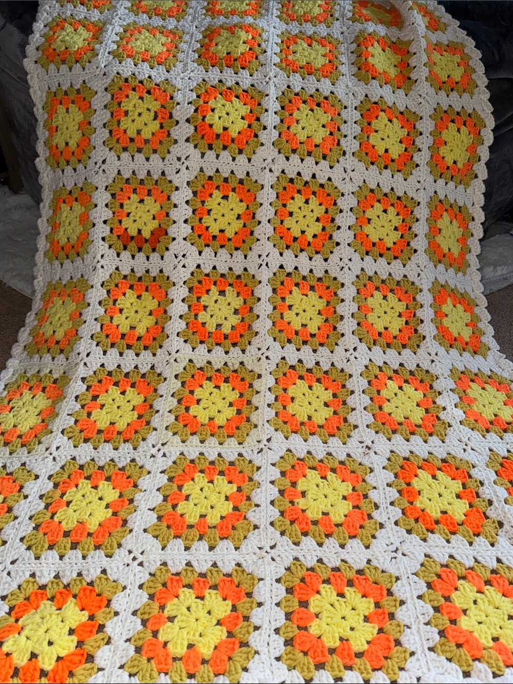 Hand Crafted Yellow Orange Cream Crochet Granny Square Throw Blanket